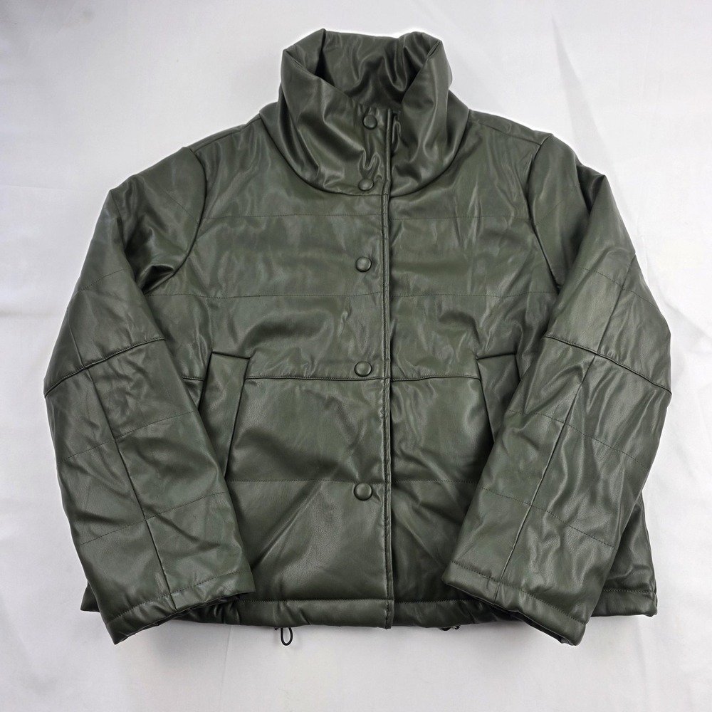 Pomander Place Jacket Womens Medium Green Faux Leather Puffer Snap Front Collar